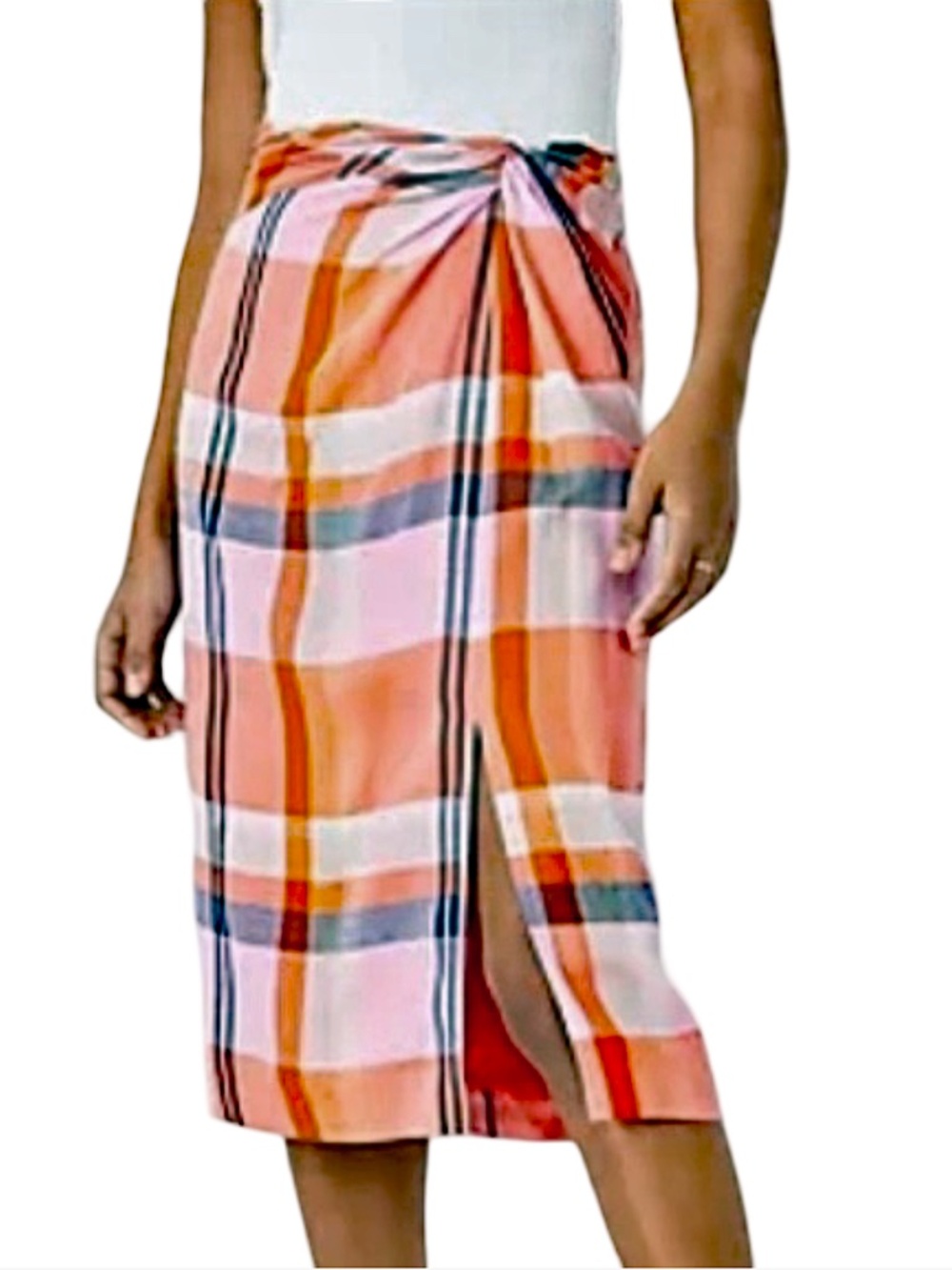 Ann Taylor Twisted Knot Pencil Skirt Pastel Plaid Front Slit Lyocelle